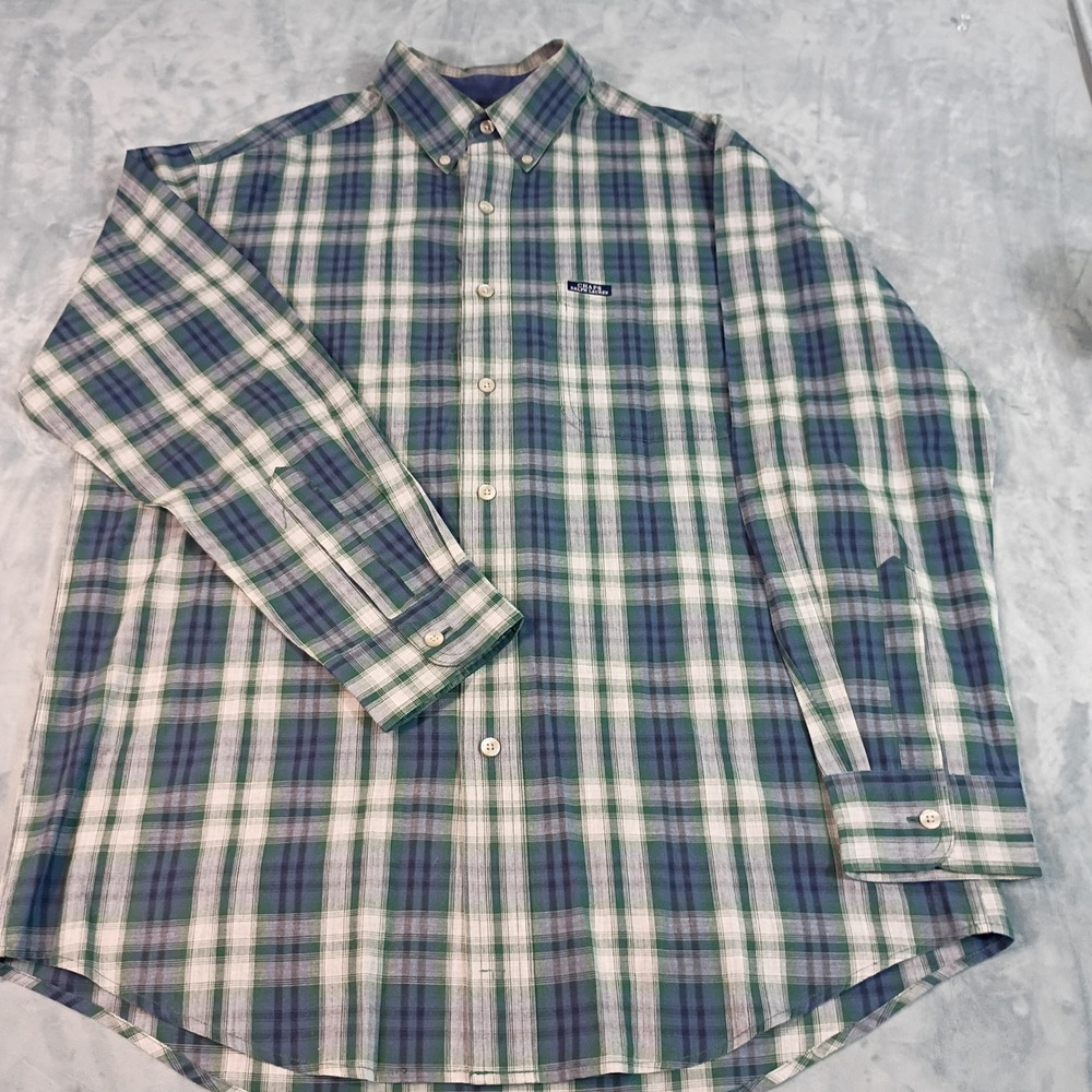 Chaps Ralph Lauren Mens Green Blue Plaid Easy Care Button Down Shirt Medium